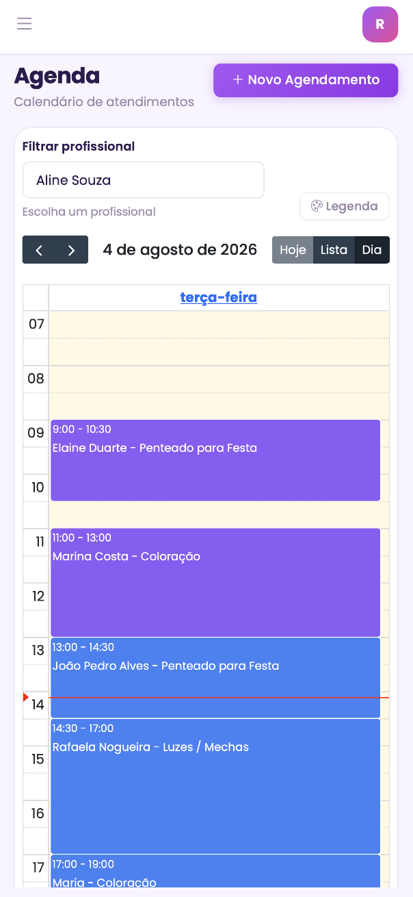 Agenda do dia com horários de vários profissionais, sem choque de horário